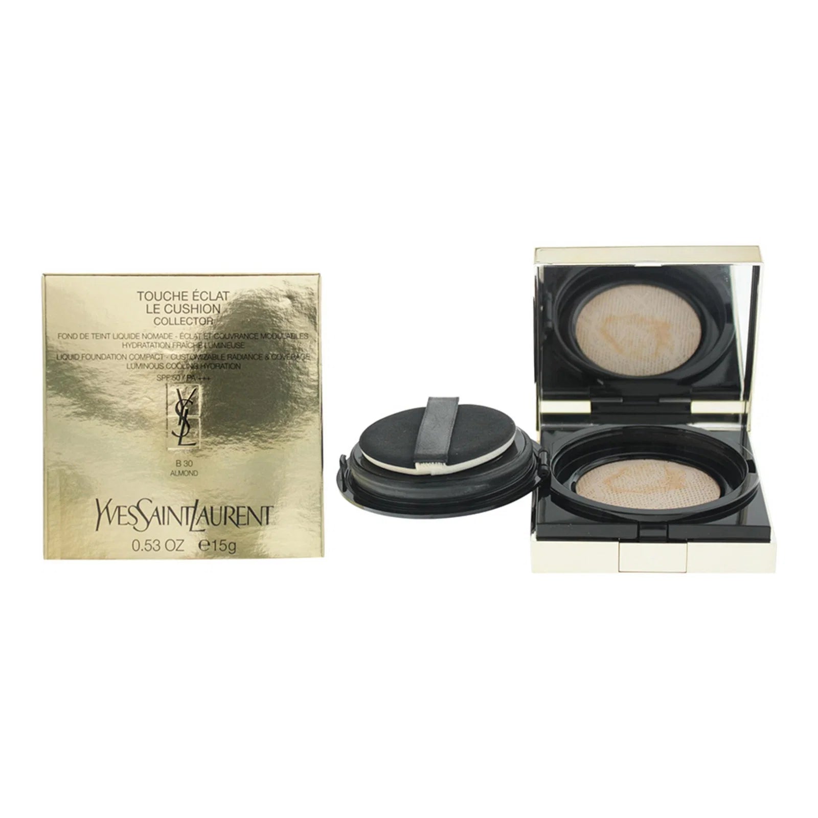 Yves Saint Laurent, Touche Eclat Le Cushion Collector, pigmenți aurii și antioxidanți, Luminos, Fond de ten lichid, B30, Migdală, 15 g