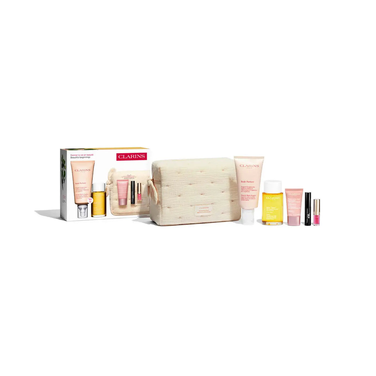 Set Clarins pentru viitoare mamici: Body Partner, ulei Tonic, crema Multi-Active, rimel si ulei de buze Clarins