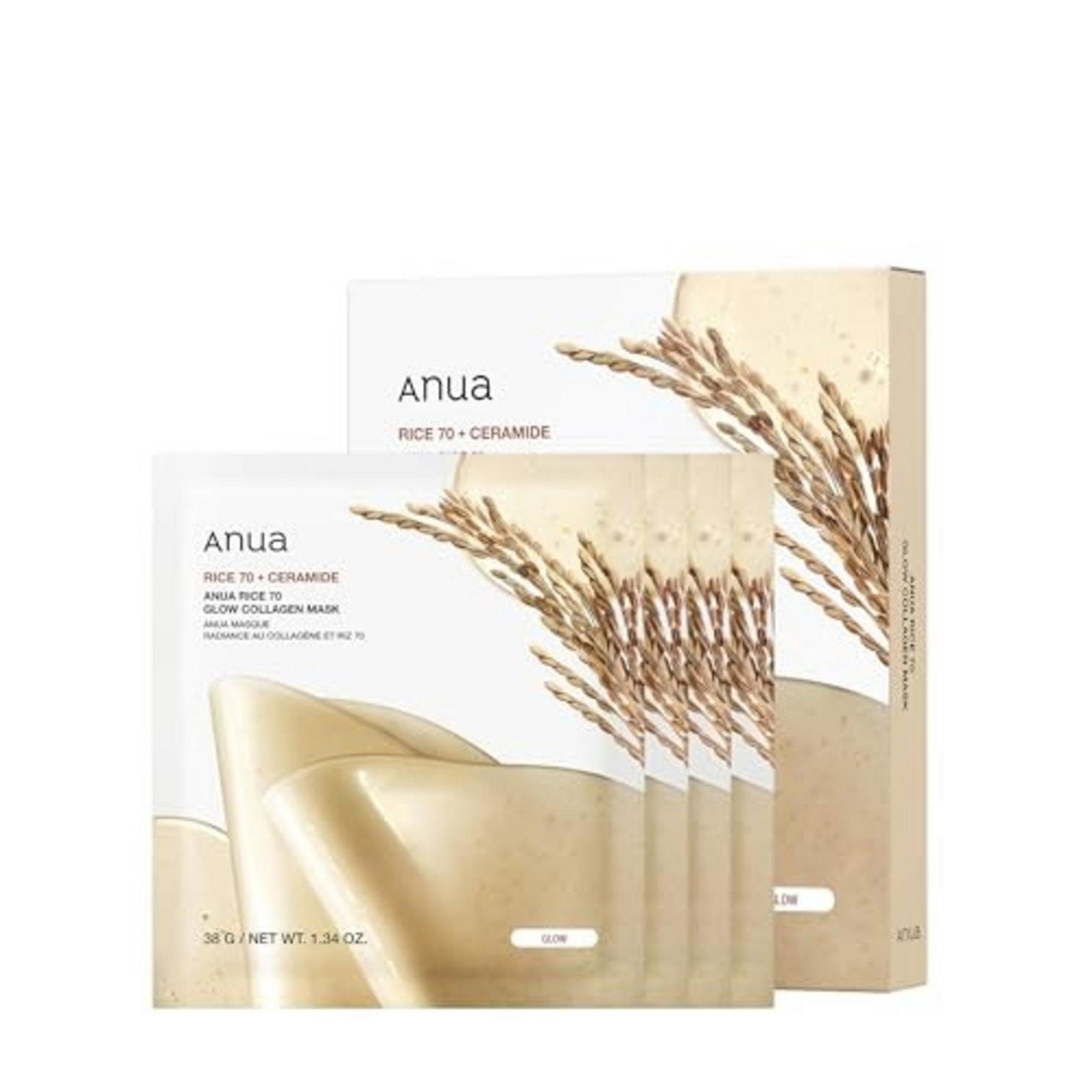 Set, Anua, Rice 70 Glow, Colagen, Strălucire, Mască facială, Pentru față, 4 buc, 38 g