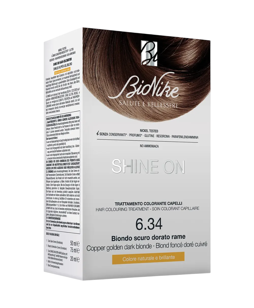 BioNike Shine On vopsea de par permanenta 6.34 Dark Copper Golden Blonde, 145 ml