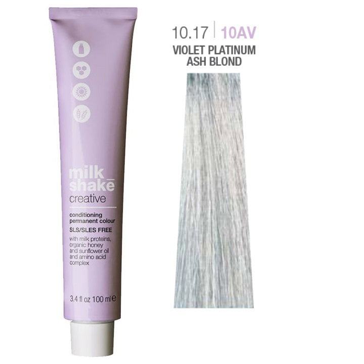 Milk Shake, Creative, Fără SLS/SLES, Vopsea permanentă de păr, 10.1710AV Violet Platinum Ash Blond, 100 ml