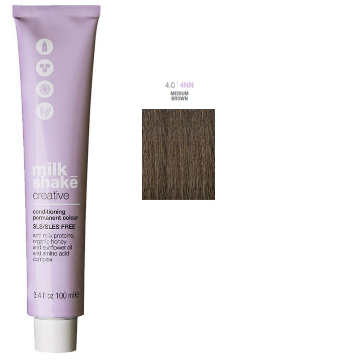 Milk Shake, Creative, Fără SLS/SLES, Vopsea permanentă de păr, 4.04NN Medium Brown Natural Intense, 100 ml