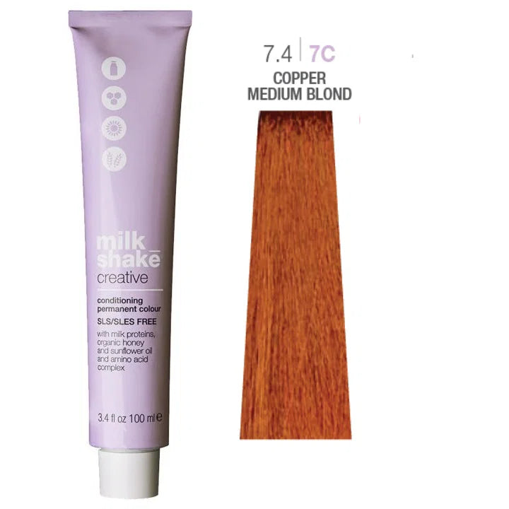 Milk Shake, Creative, Fără SLS/SLES, Vopsea permanentă de păr, 7.47C Copper Medium Blond, 100 ml