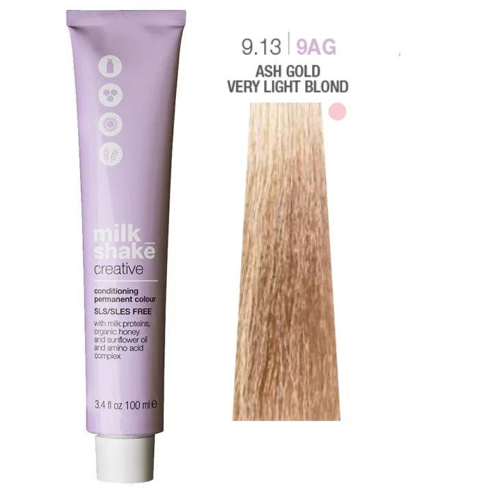 Milk Shake, Creative, Fără SLS/SLES, Vopsea permanentă de păr, 9.139AG Ash Gold Very Light Blond, 100 ml