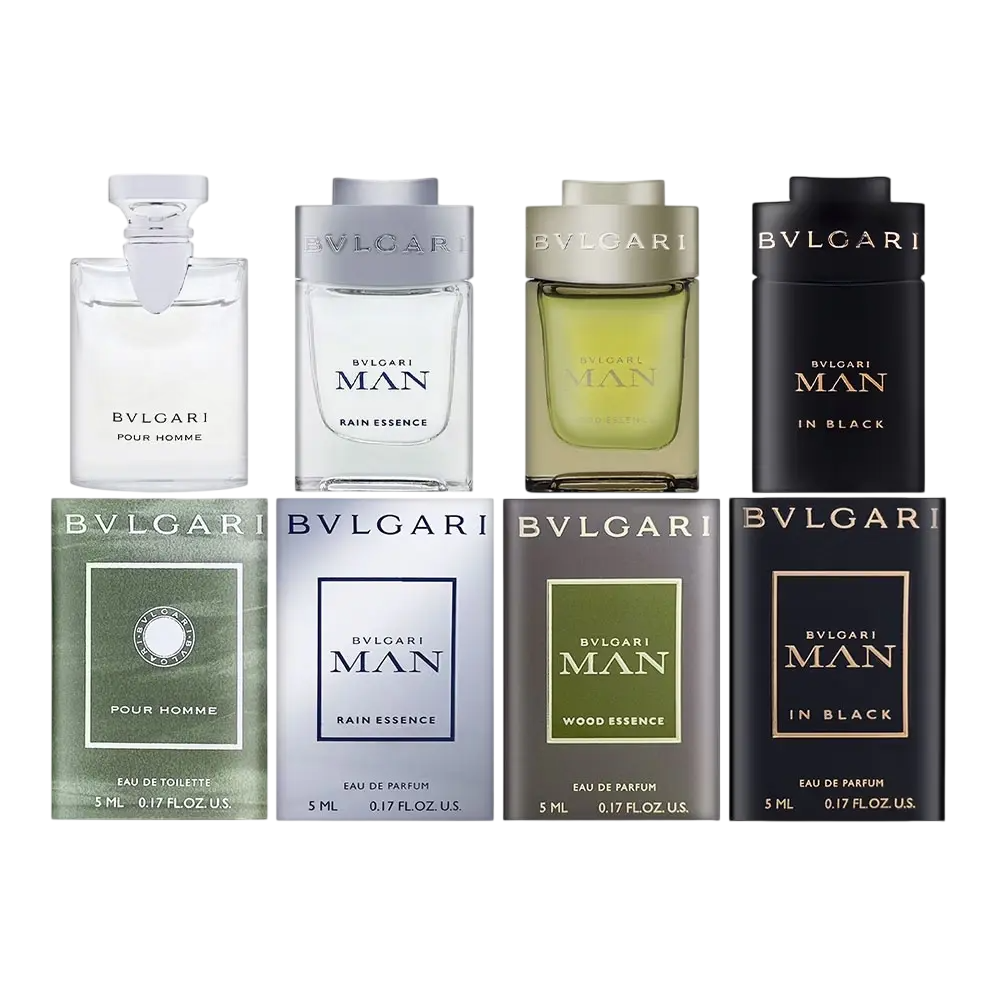 Set Bvlgari: Pour Homme, Eau De Toilette, For Men, 5 ml *Miniature + Rain Essence, Eau De Parfum, For Men, 5 ml + Man Wood Essence, Eau De Parfum, For Men, 5 ml *Miniature + Man In Black, Eau De Parfum, For Men, 5 ml *Miniature