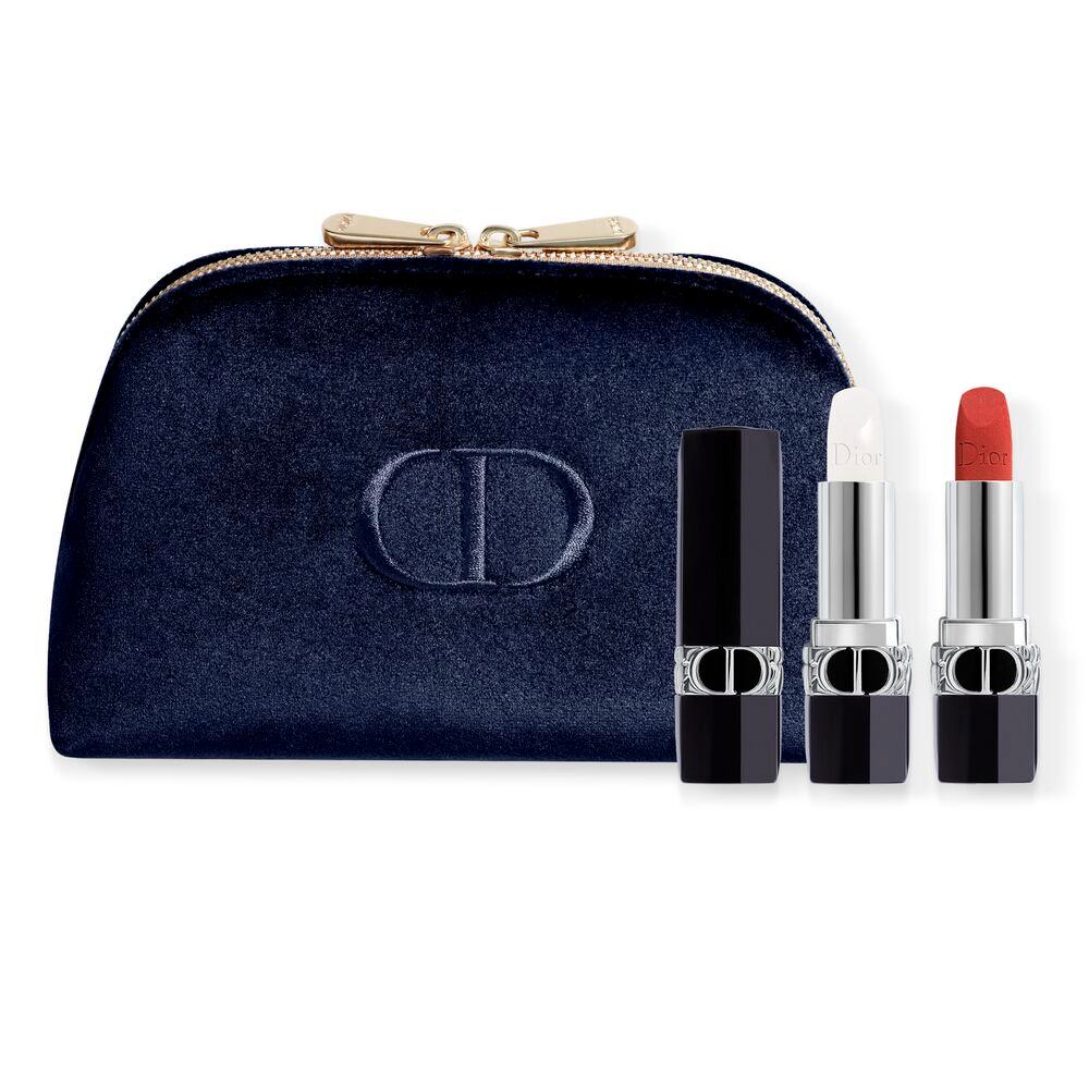 Set Christian Dior: Couture Colour, Velvet, Cream Lipstick, 720, Icone, Refillable, 3.5 ml + Couture Colour, Lip Balm, 000, Diornatural, Refill, 3.5 g + Textile Makeup Bag, Blue