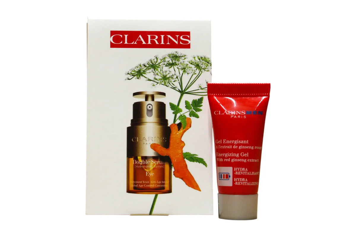 Set Clarins Men gel energizant pentru fata 5 ml, ser pentru ochi Double Eye 3 ml si portfard Clarins