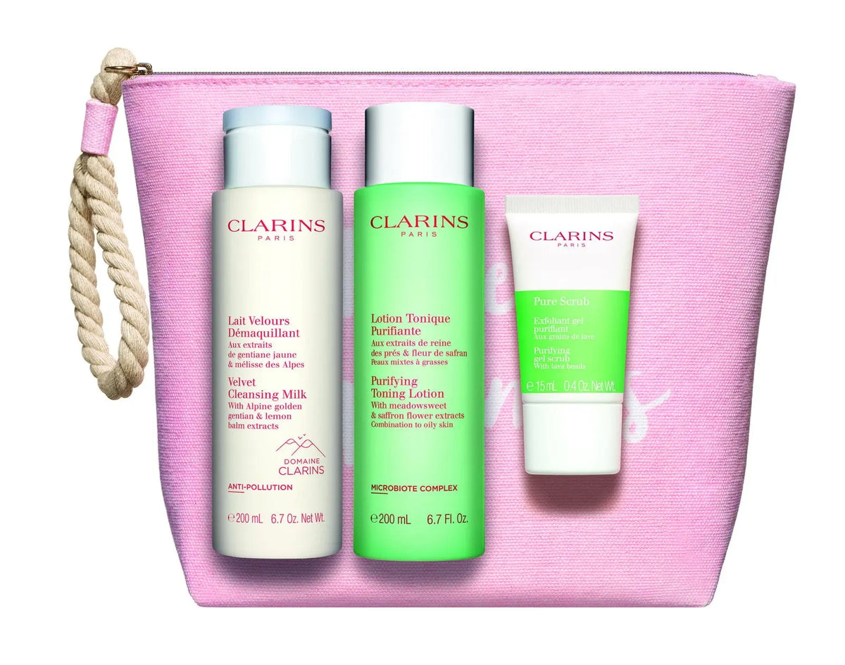 Set Clarins pentru curatarea tenului: exfoliant 15 ml, lapte demachiant Velours 200 ml si lotiune tonica purifianta 200 ml Clarins