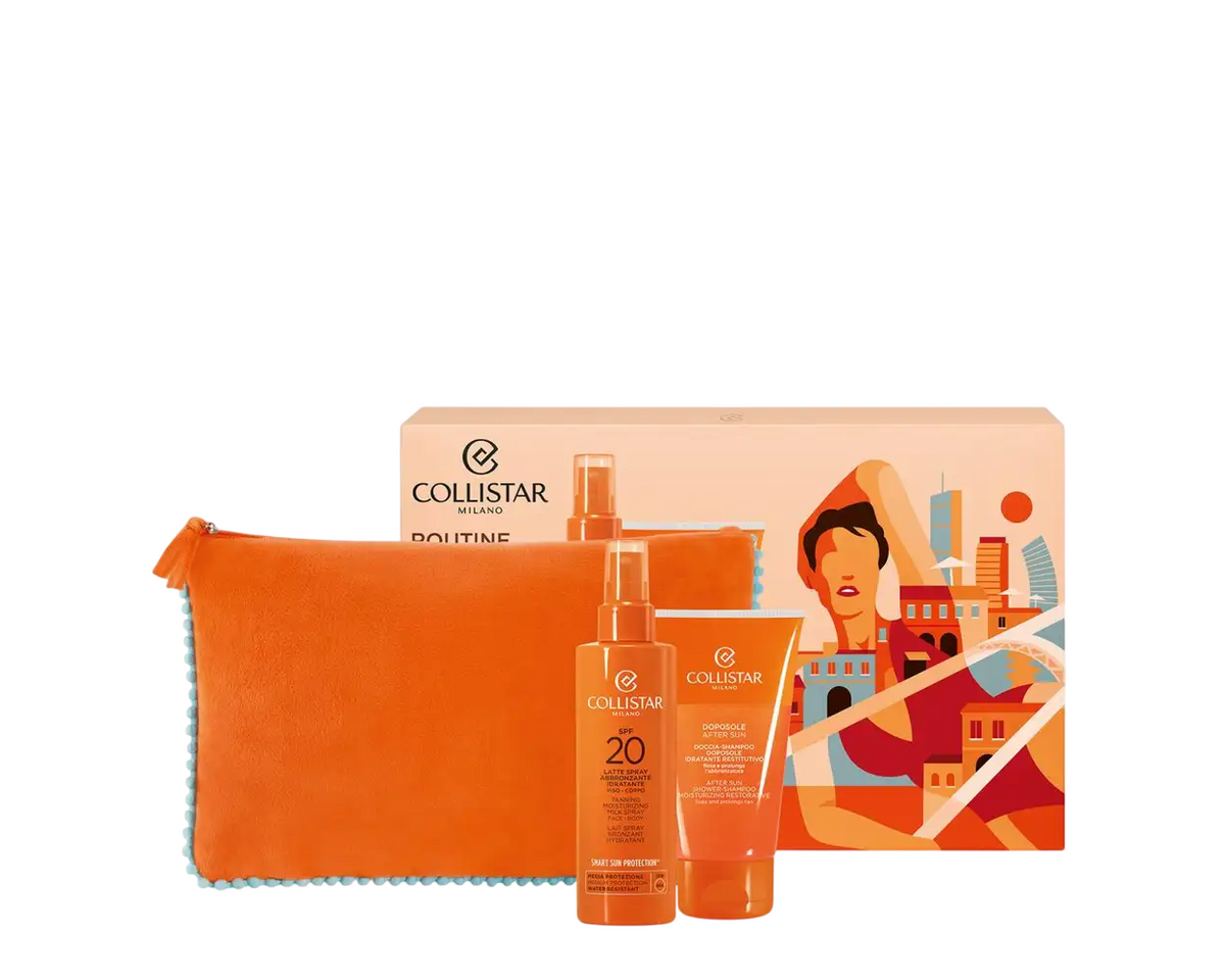 Set Collistar: gel de dus si sampon dupa plaja 2 in 1 150 ml, spray autobronzant fata si corp 200 ml si husa textila