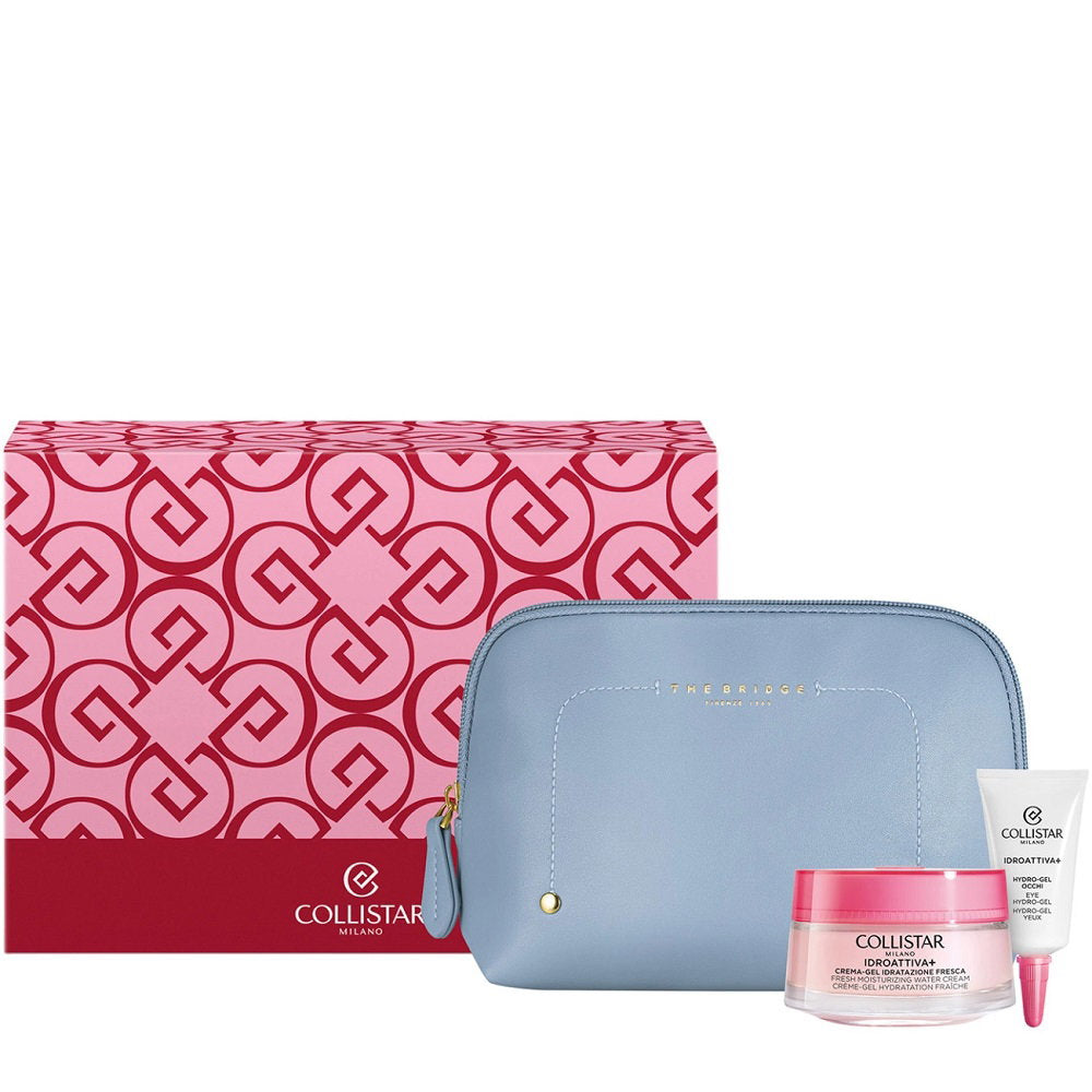 Set Collistar Idro-Attiva+: gel-crema racoritor 50 ml, gel pentru ochi 15 ml si portfard